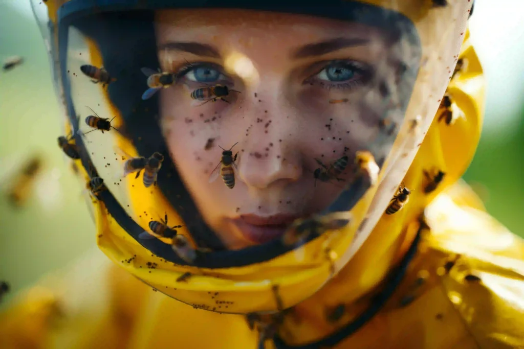 zoom sur le visage d'une apicultrice en combinaison jaune avec des abeilles sur le visage