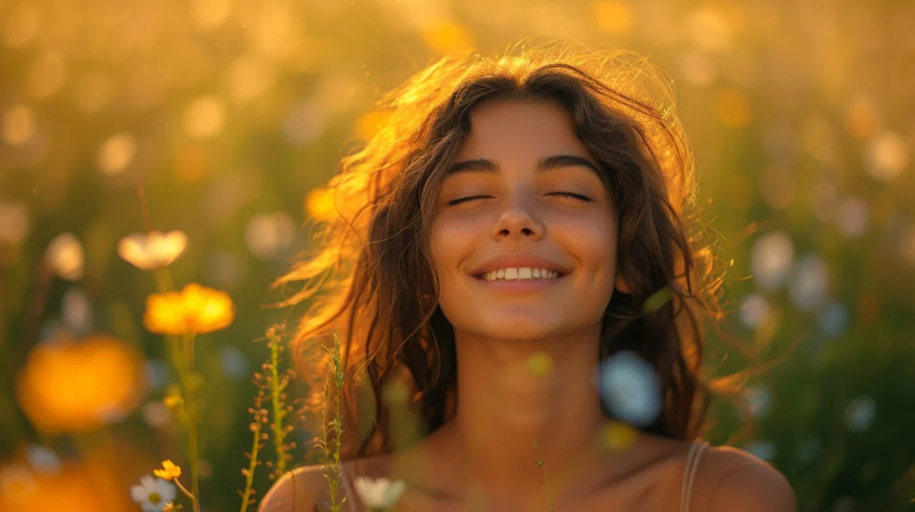 une femme qui passe du temps dans la nature en souriant