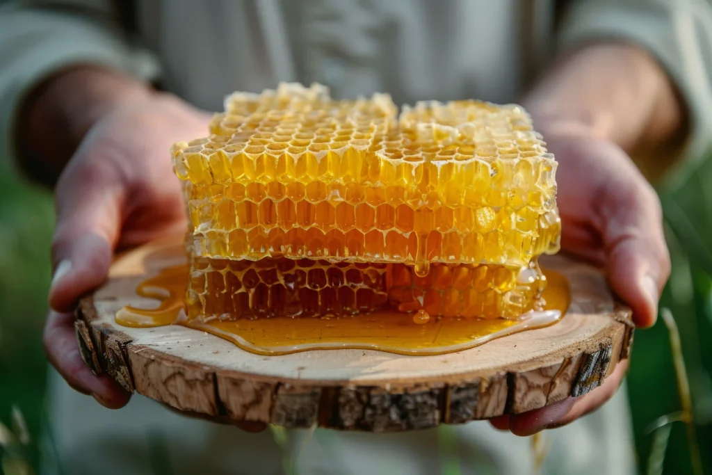 apiculteur tient un plateau en bois avec du miel en rayon dessus